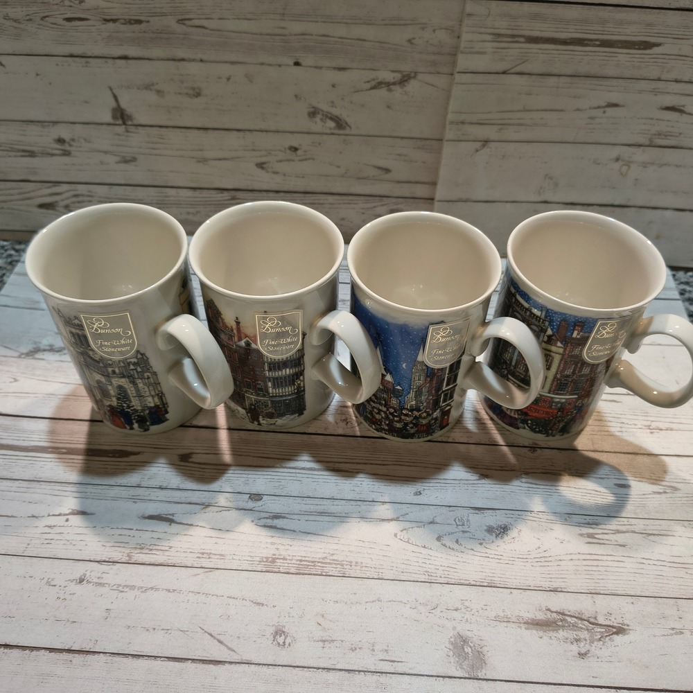 Dunoon Fine White Stoneware Mugs Set of 4 Victorian Street Scene Scotland NEW